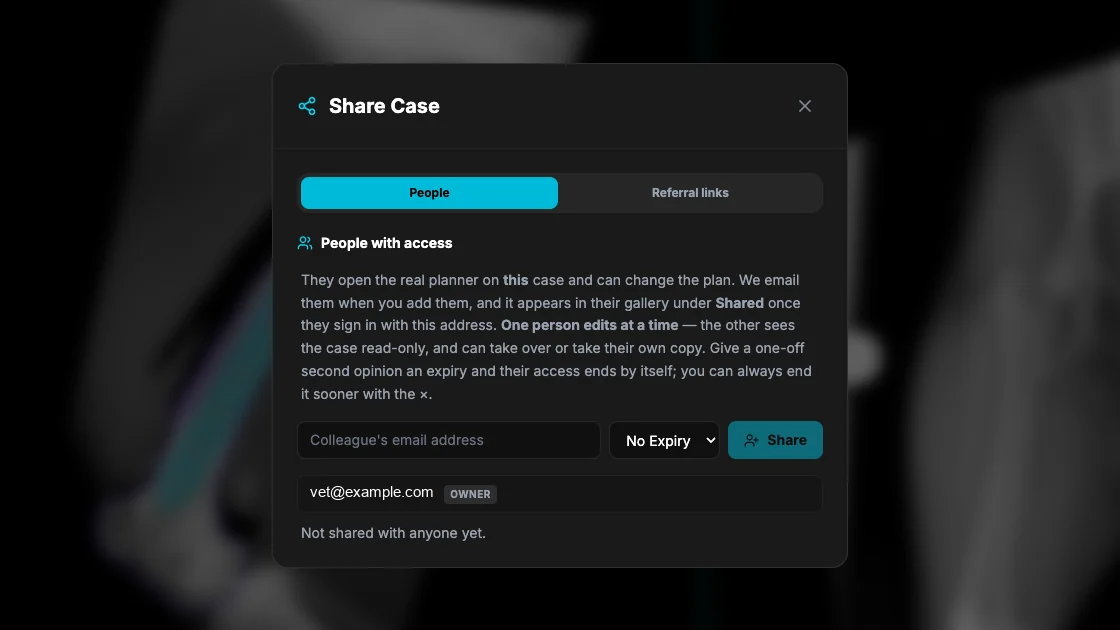 The Share Case dialog in Librevet Ortho 2D, with tabs for named people and for referral links, a field to add a colleague by email address, and an expiry setting.