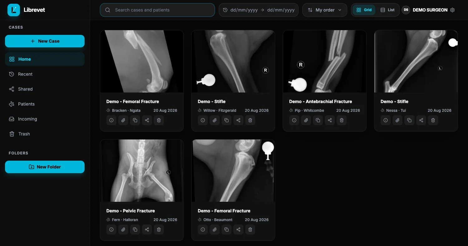 The Librevet Ortho 2D case gallery in its dark theme: six cases as cards with radiograph thumbnails, each showing the patient and client name and the date.