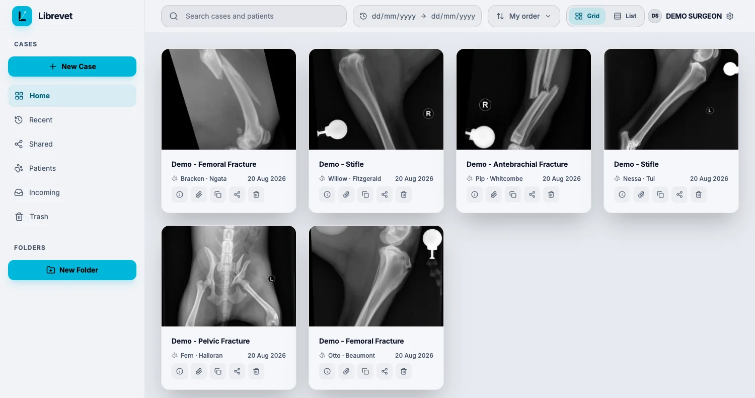 The same gallery in its light theme. The radiograph thumbnails stay black in both, because an X-ray is dark whichever theme is on.