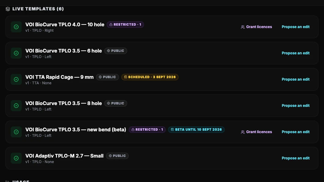 The manufacturer portal's live template list, showing templates marked public, restricted, scheduled for a release date and open as a beta.