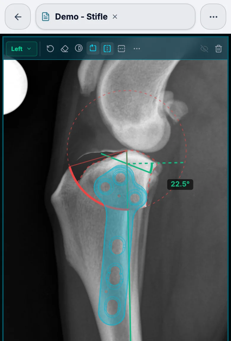 Librevet on a phone: the same TPLO plan, with the tibial plateau angle at 22.5 degrees, the levelled osteotomy and the plate on the tibia.